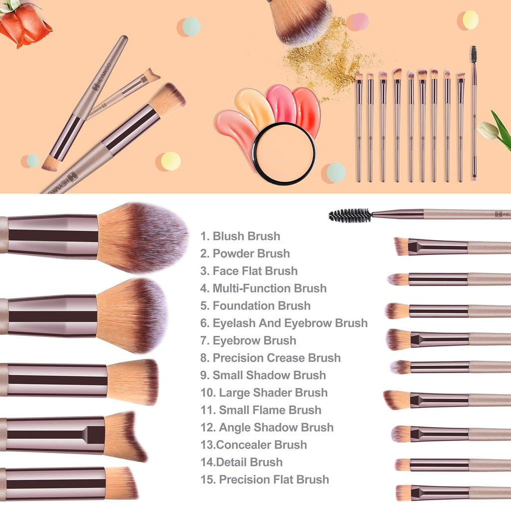 Luxurious 15-Piece Champagne Gold Makeup Brush Set with Stylish Bag - Complete Foundation, Blending, Powder, Blush, Concealer, and Eye Brushes